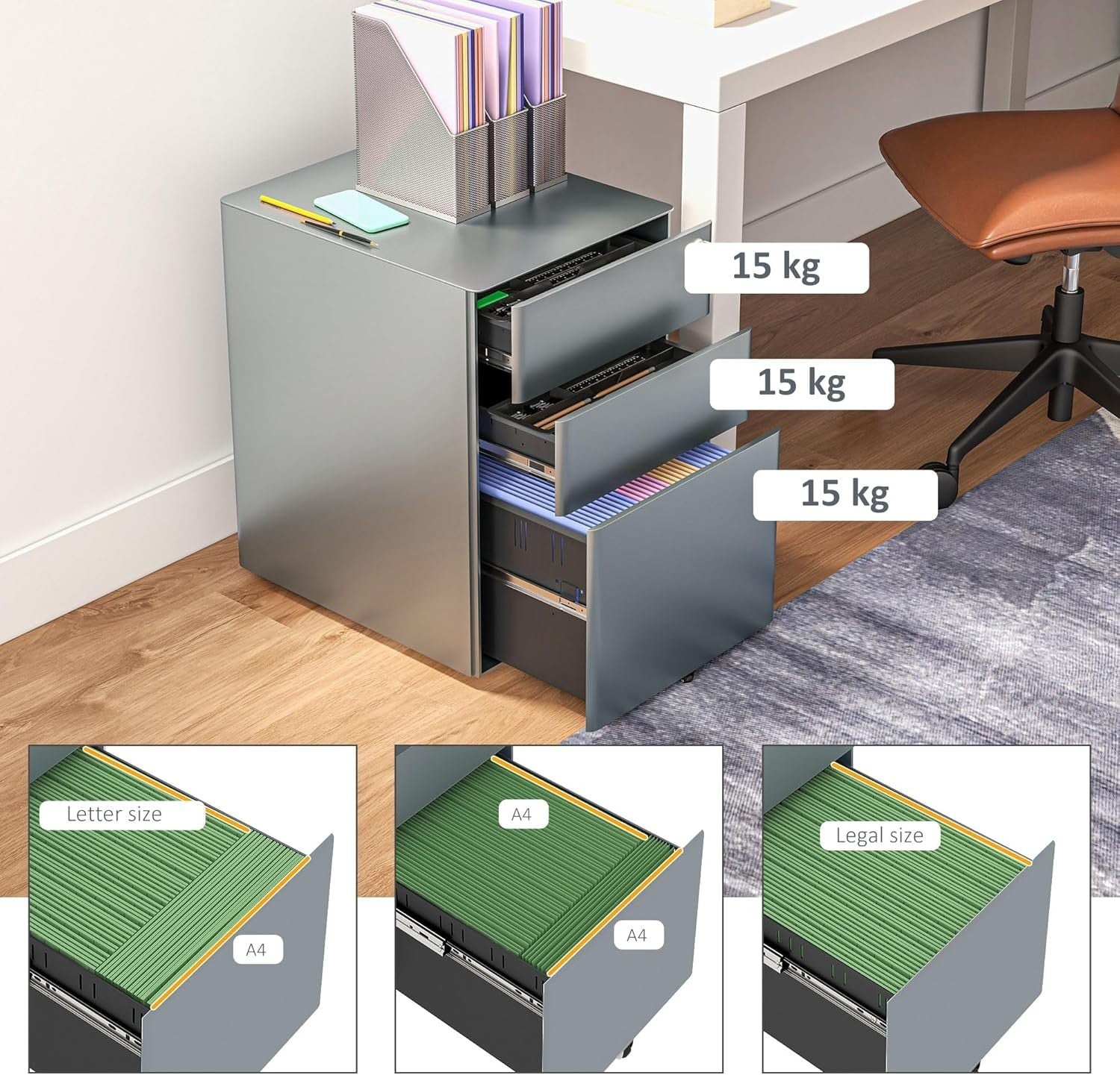 Grey 3 Drawer Mobile Filing Cabinet Lockable Steel A4 Letter Office Storage