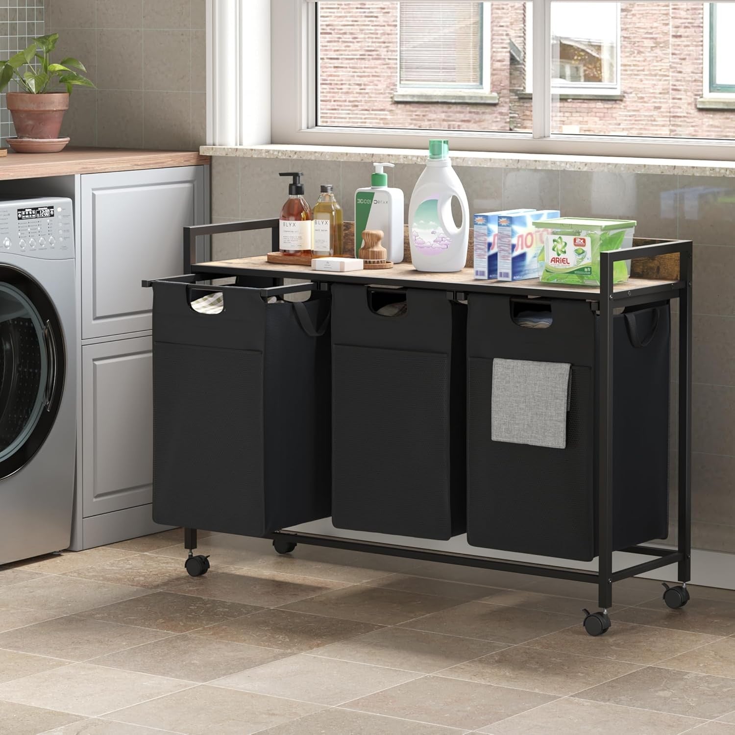 3-Section Laundry Hamper on Wheels with Shelf | 50L Bags | 106cm Storage Unit