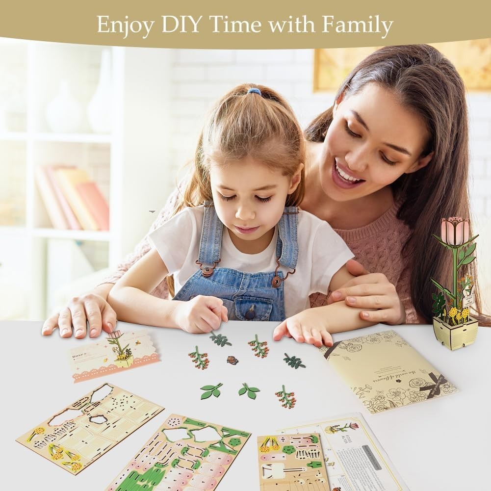 3D Wooden Flower Puzzle DIY Craft Kit, Romantic Home Décor, Easy Build Gift