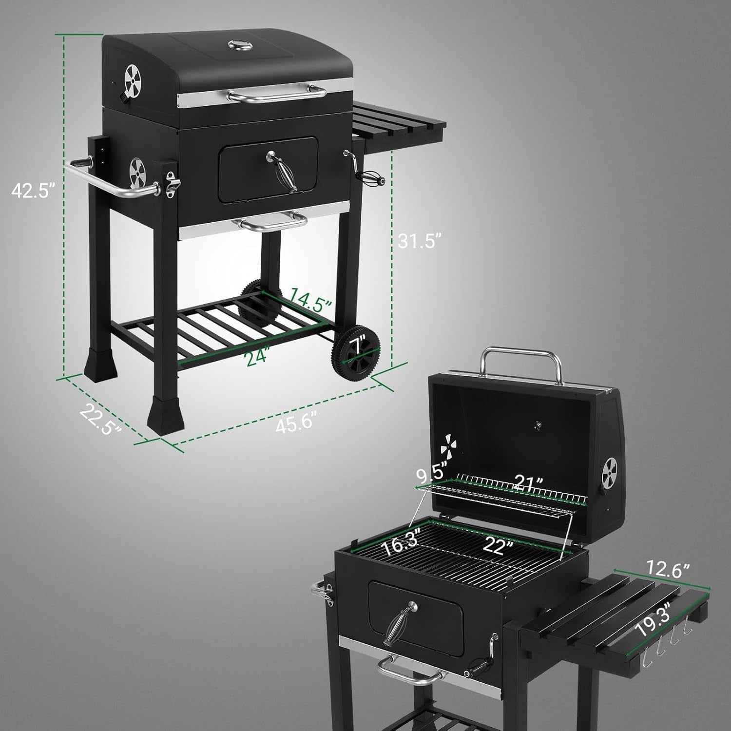 Portable Charcoal BBQ Grill with Folding Side Table, Height Adjustable Tray