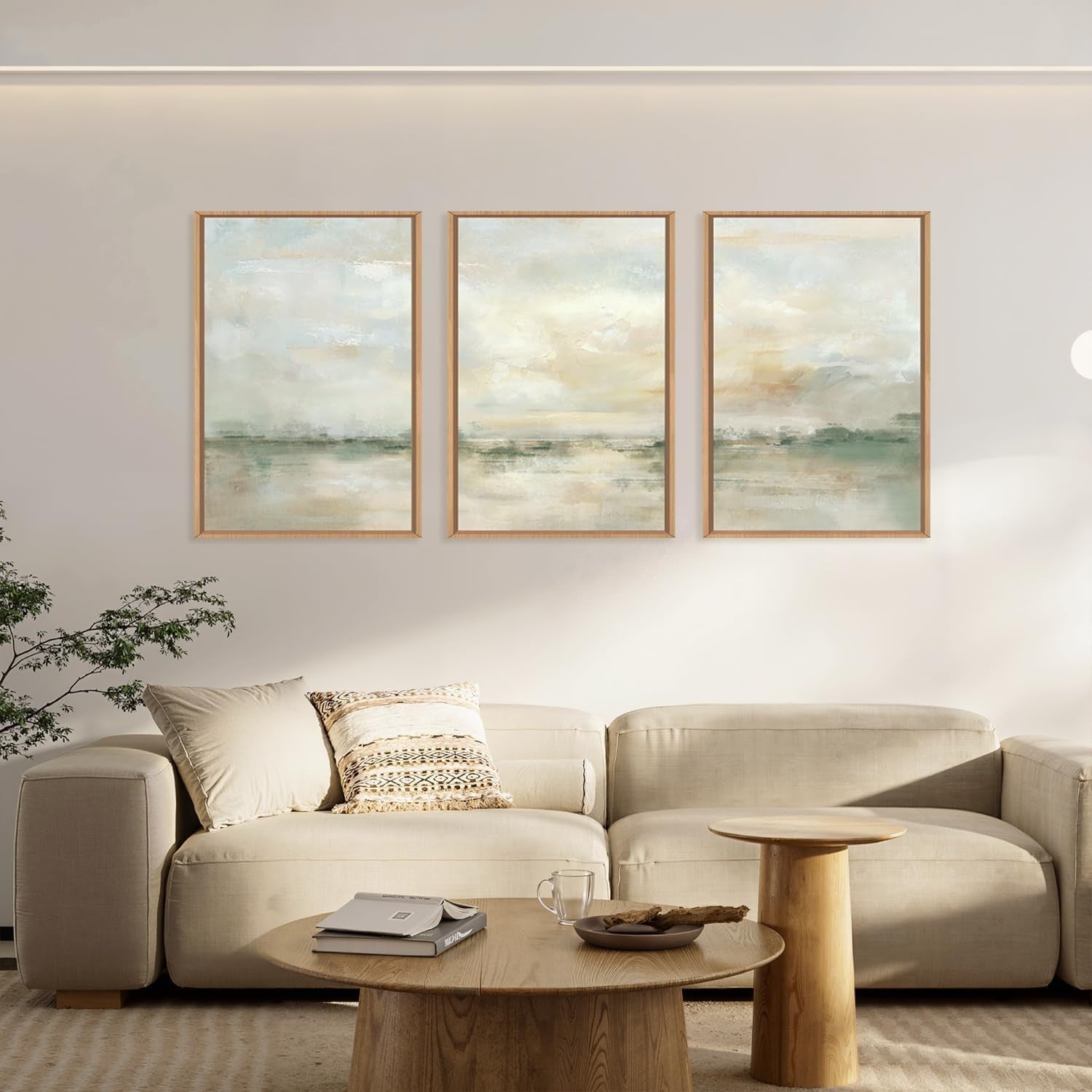 Abstract Green Grey Framed Canvas Wall Art Set 3 Neutral Modern Prints