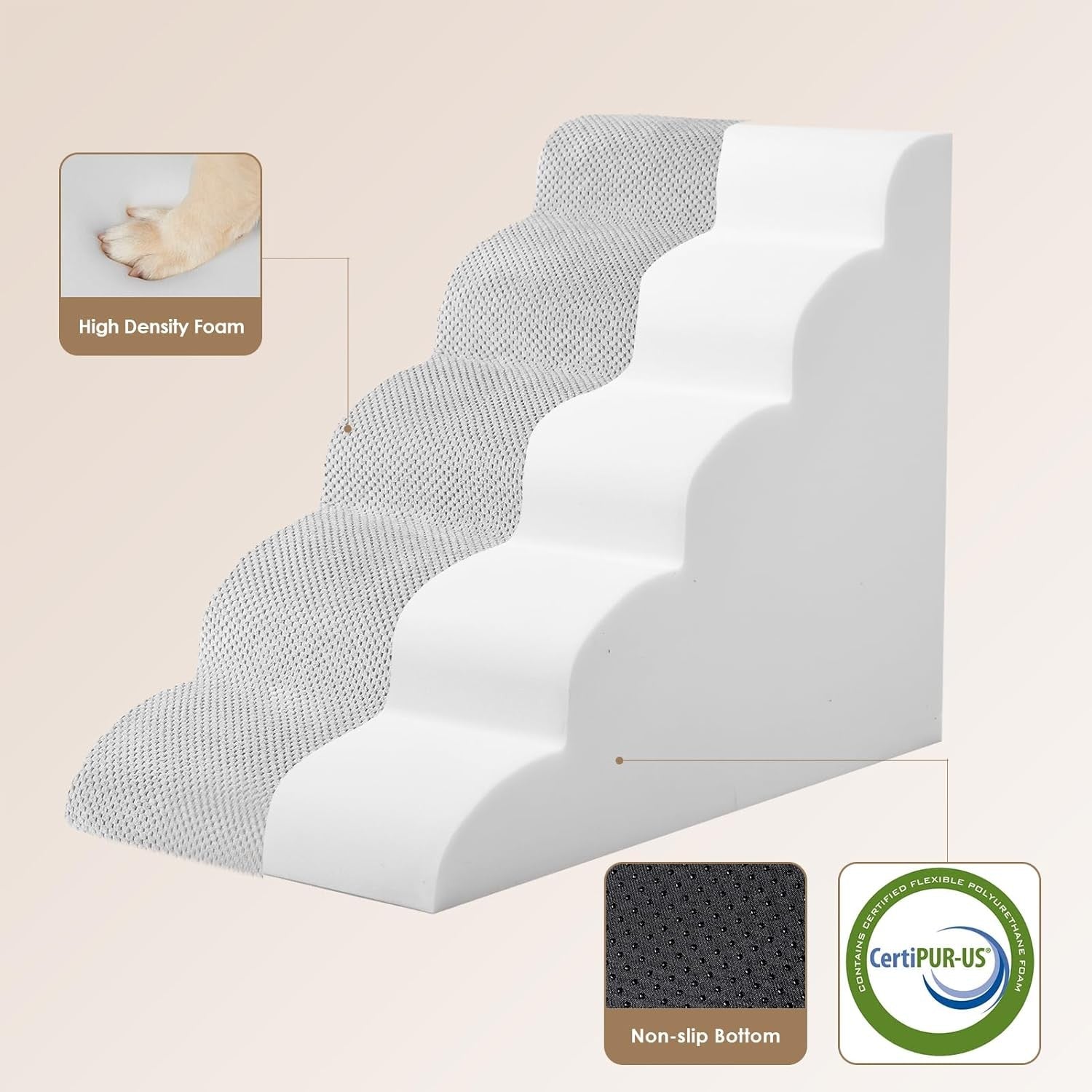 5 Step Dog Stairs for High Bed Non Slip Foam Pet Steps Washable
