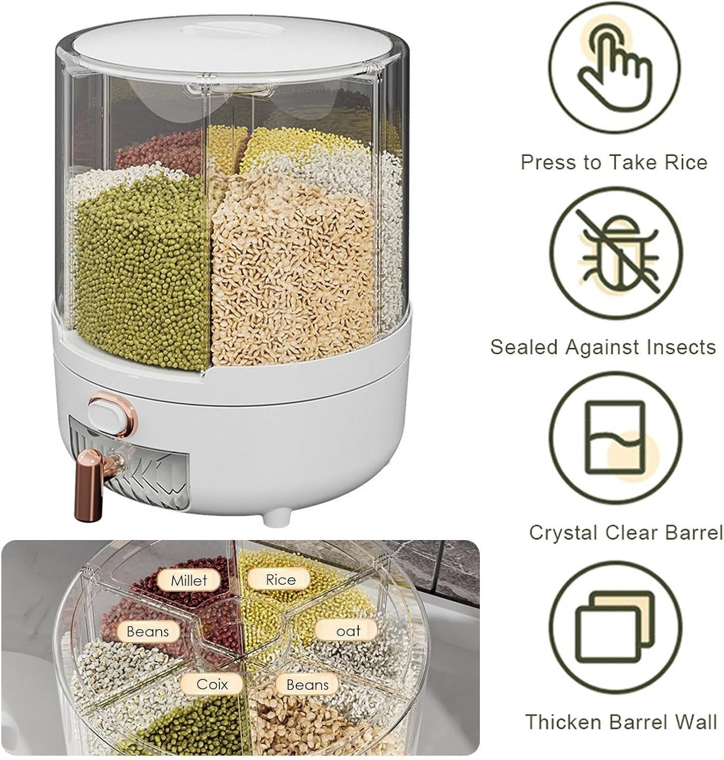 360° Rotating Grain Dispenser 6 Compartment Airtight Food Storage