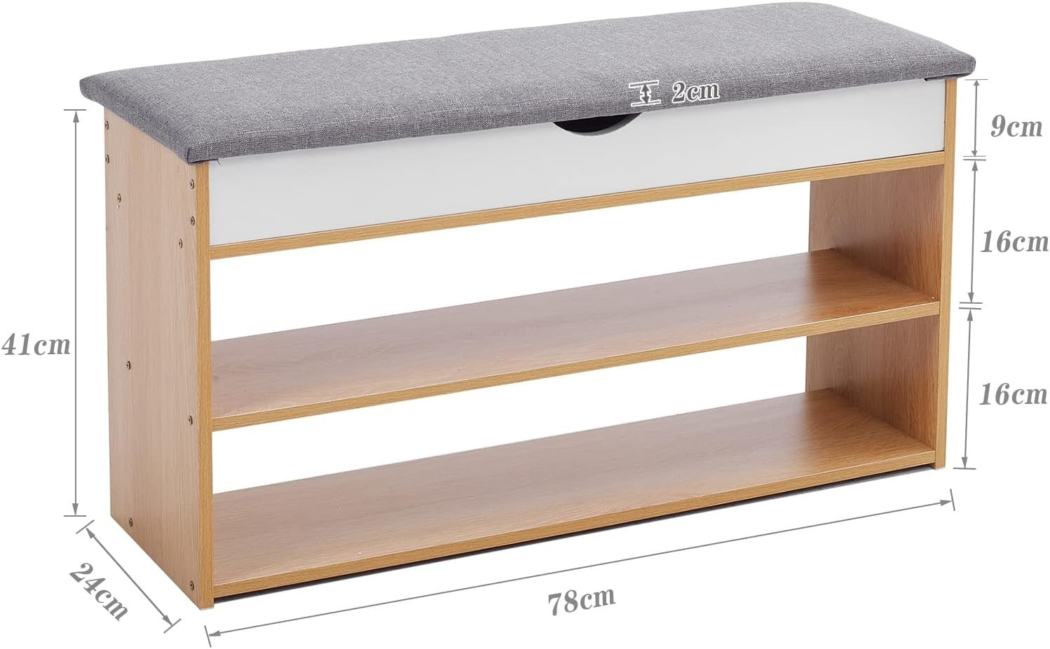 Natural Wooden Shoe Storage Bench with Cushion 2-Tier Organizer Cabinet
