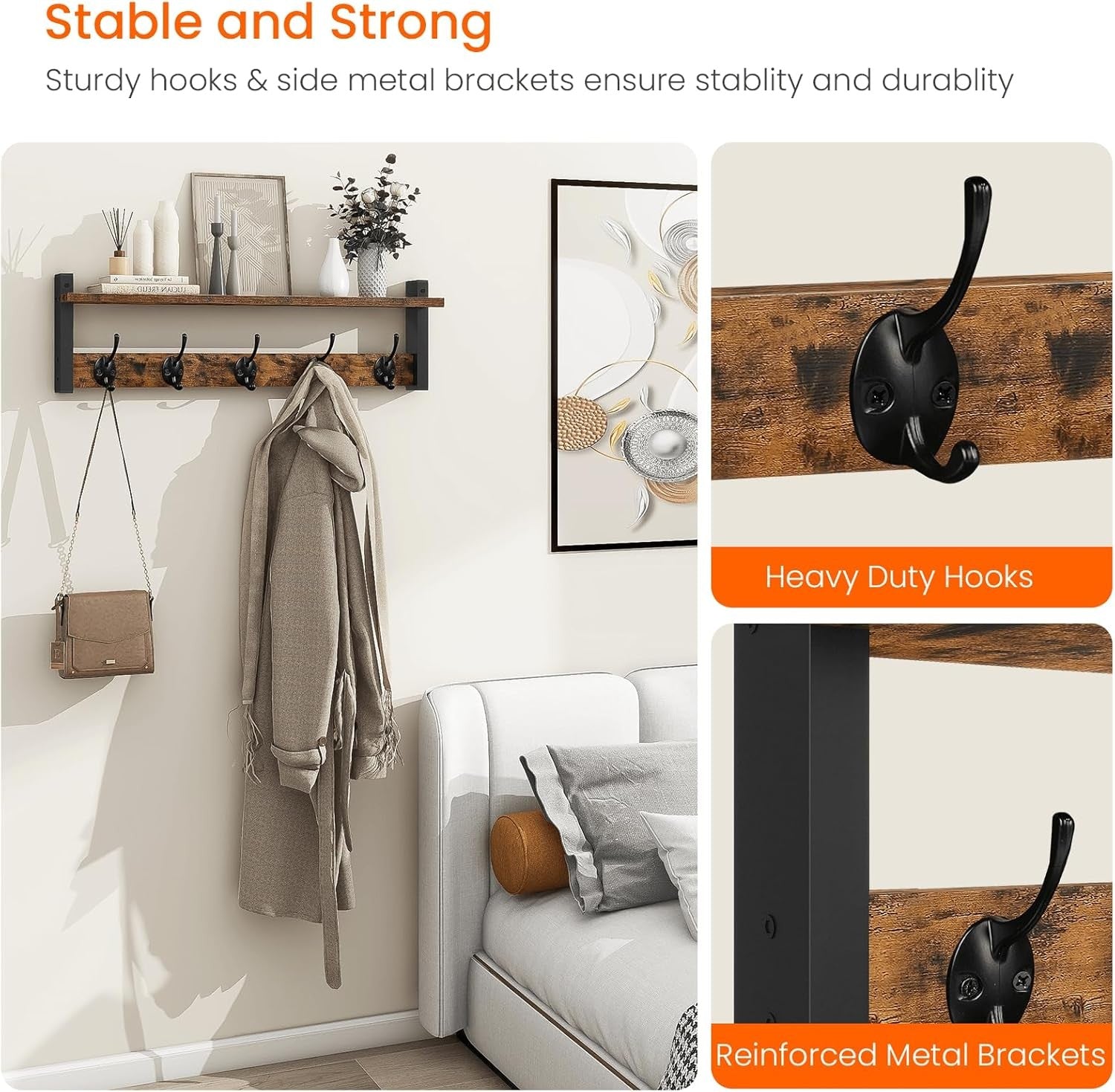 80cm Wall Mounted Coat Rack Shelf Black Entryway Hat Bag Towel Storage Hooks