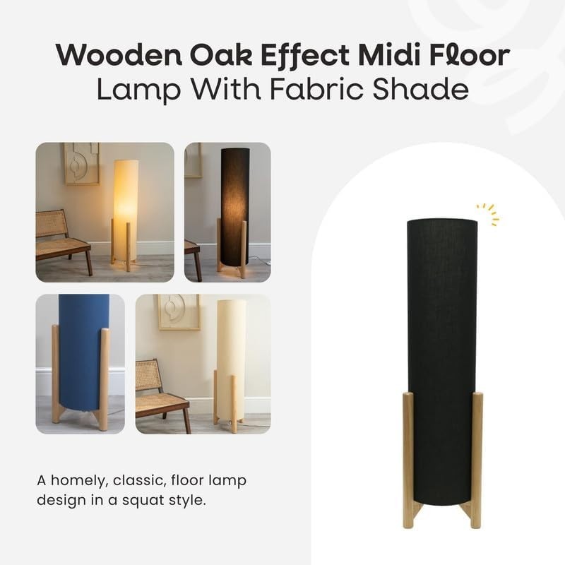 Oak Effect Floor Lamp with Navy Fabric Shade & Energy-Saving LED