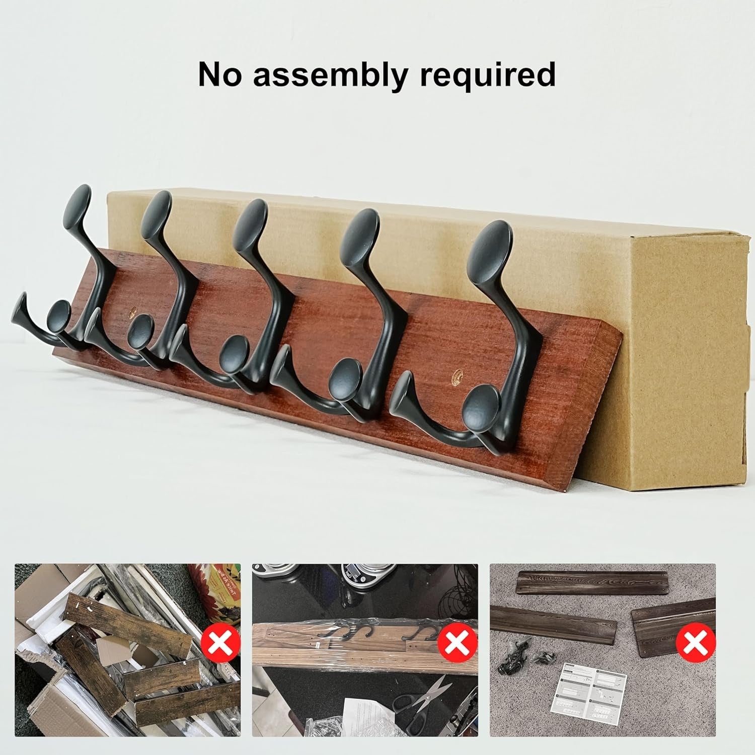 Rustic Cherry Wood Wall Coat Rack 61cm – 5 Triple Hooks Heavy Duty Hanger