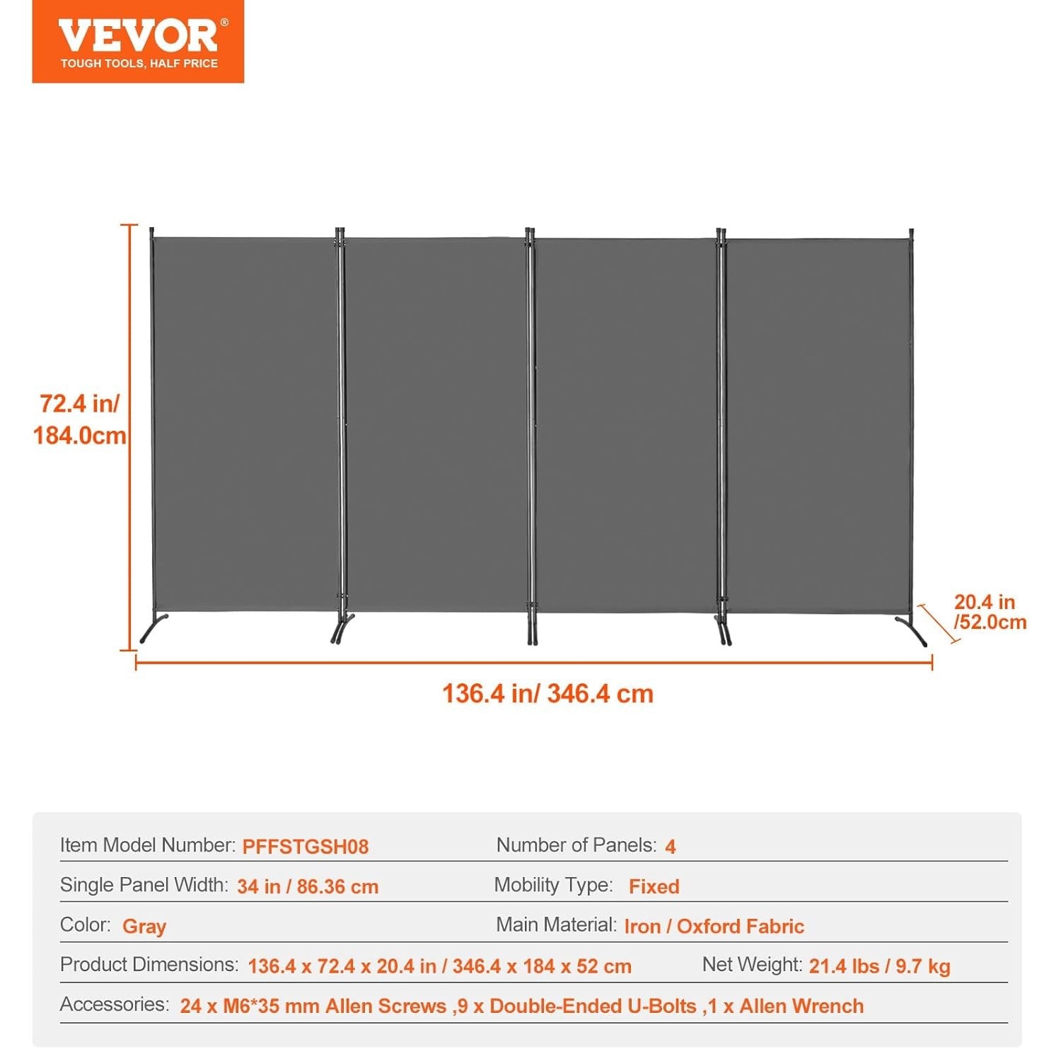 4 Panel Folding Room Divider Grey Fabric Freestanding Privacy Screen 360x184cm