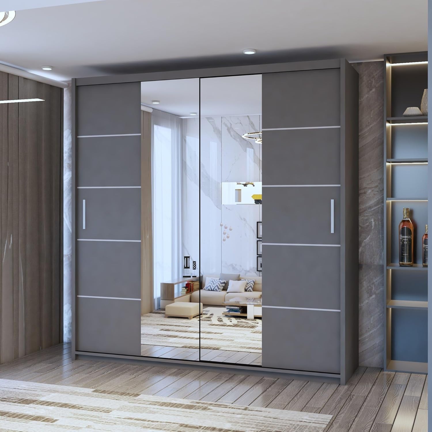 150cm Grey Sliding Mirror Wardrobe | Modern Bedroom Storage Cabinet
