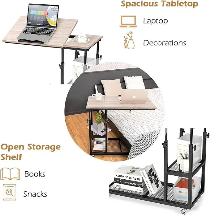 Rolling Sofa End Table Adjustable Laptop Desk Wheels Storage Natural