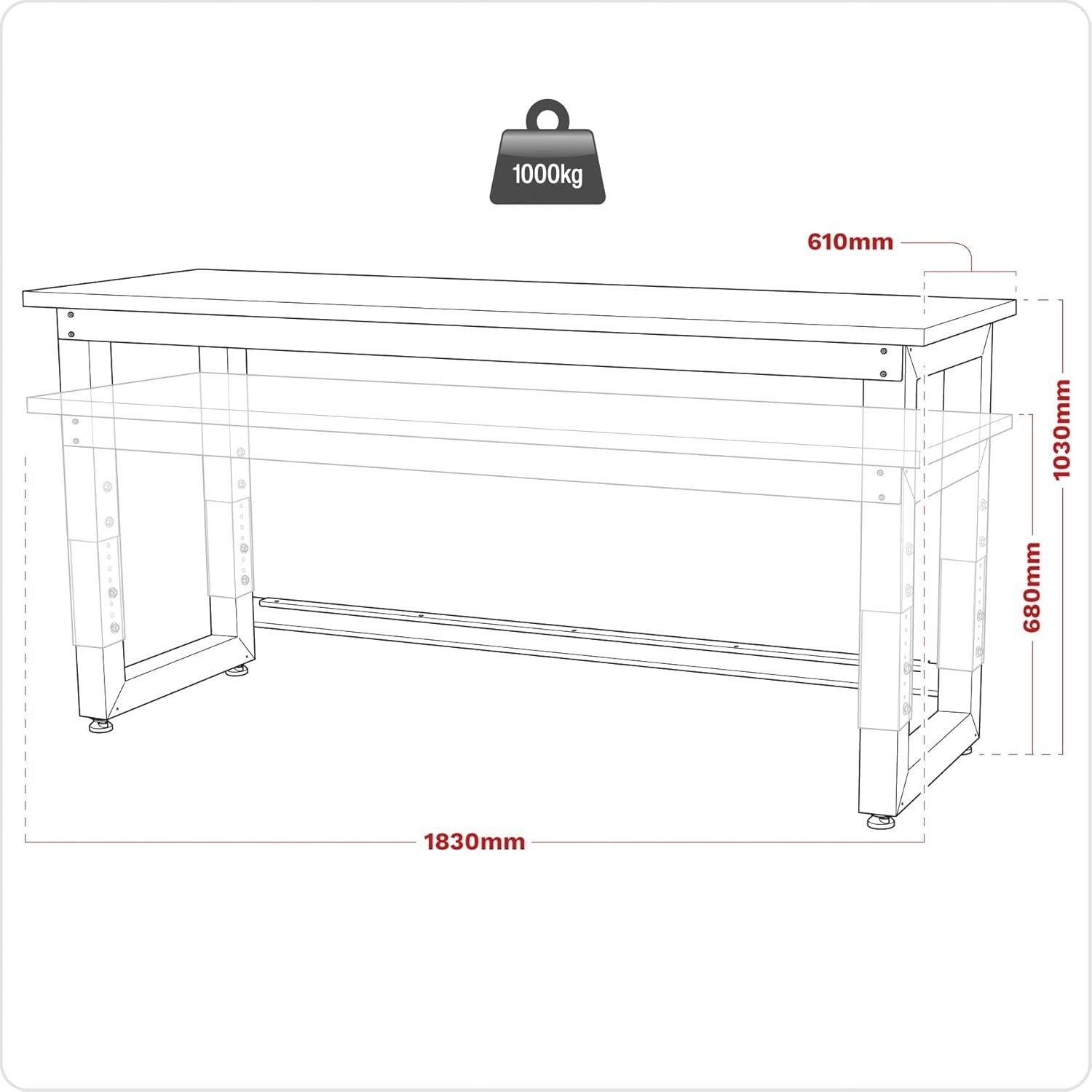 Heavy Duty 1830mm Adjustable Workbench 1000kg Solid Wood Top Industrial