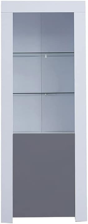Tall LED Display Cabinet Grey High Gloss Glass Shelves Modern Showcase Cupboard