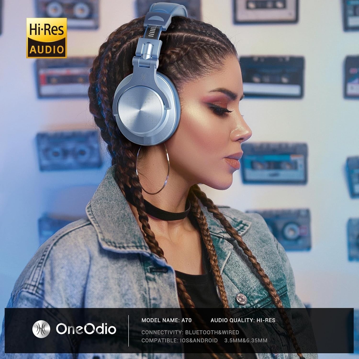 OneOdio A70 Blue Over Ear Headphones Wireless Wired DJ Studio 72H Playtime