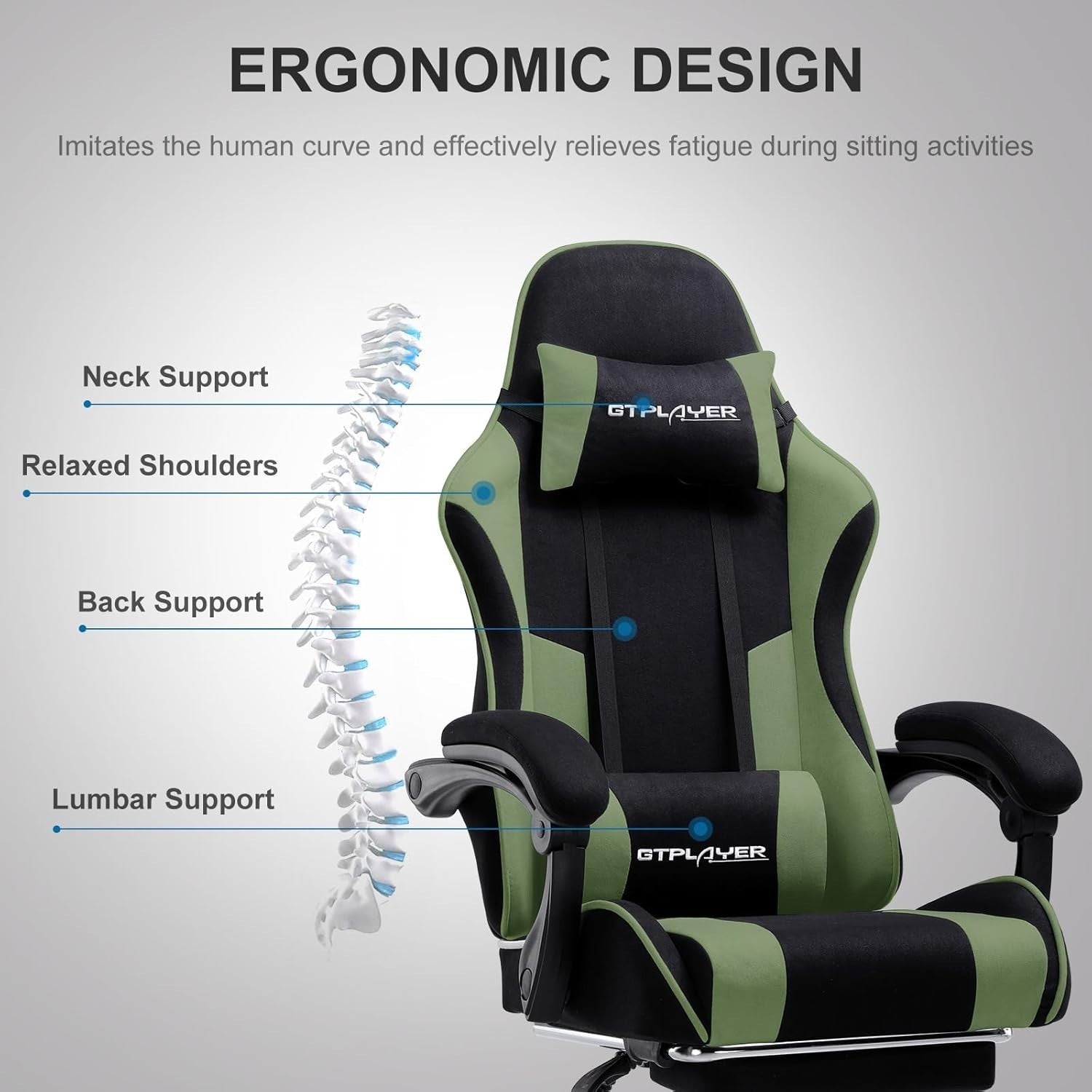 Ergonomic Gaming Chair Recliner Office Desk Seat Massage Lumbar Footrest Green