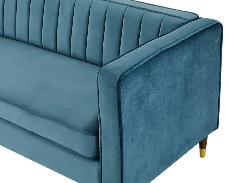 3 Seater Blue Velvet Sofa Ribbed Back UKFR Luxury Lounge Couch Modern