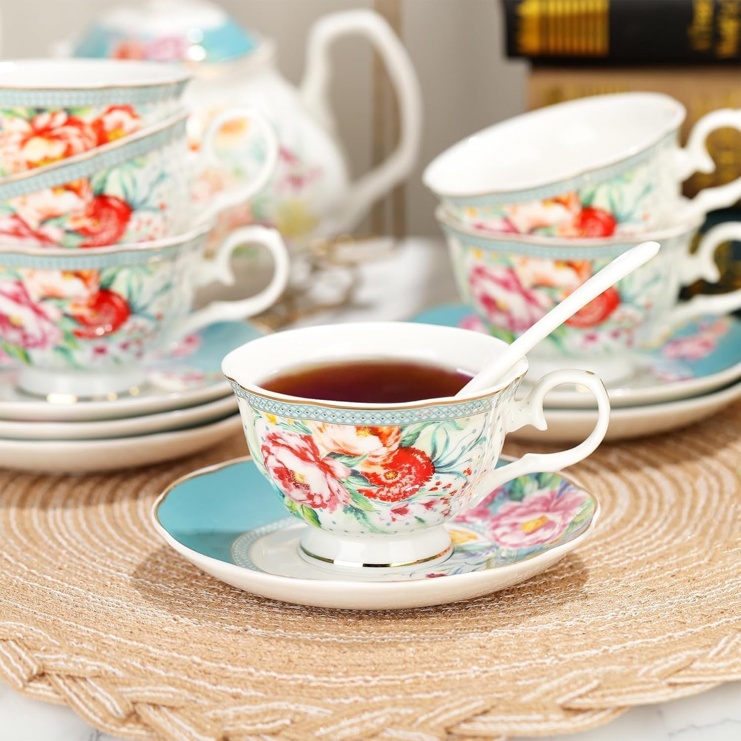 21 Piece Porcelain Tea Set Floral Teapot Cups Saucers Vintage Afternoon Tea