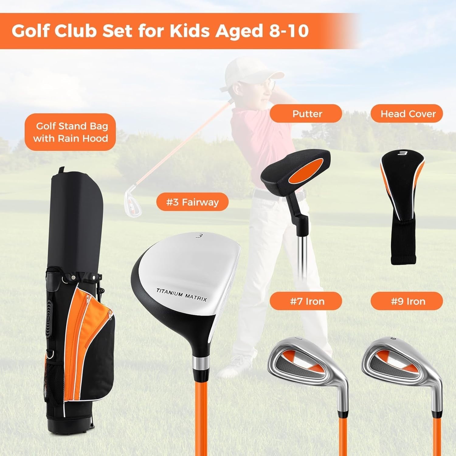 Kids Golf Club Set Right Hand Fairway Irons Putter Stand Bag Beginner