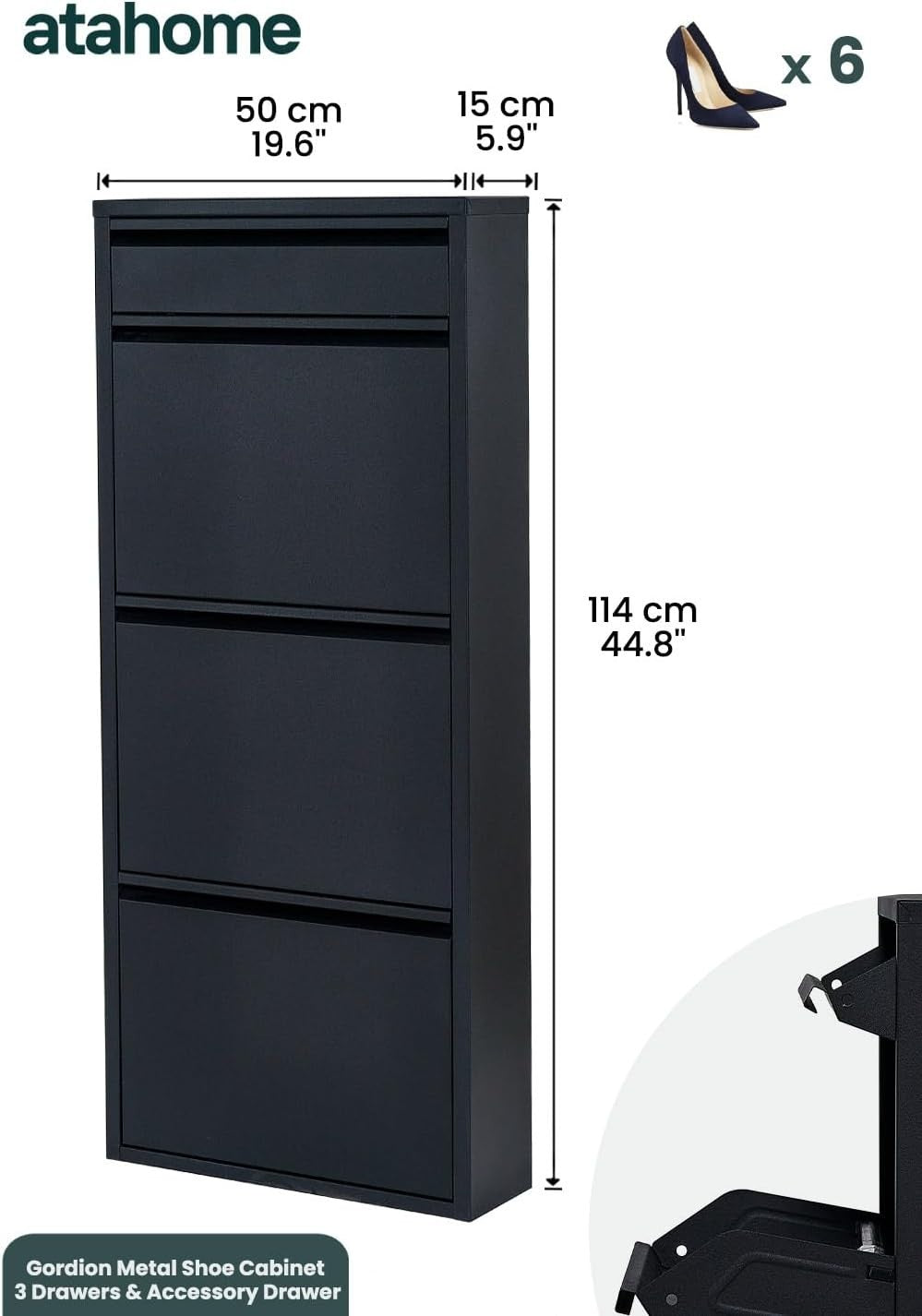 Slim Wall Mounted Shoe Cabinet 3+1 Drawer Metal Storage Organizer Black 114cm