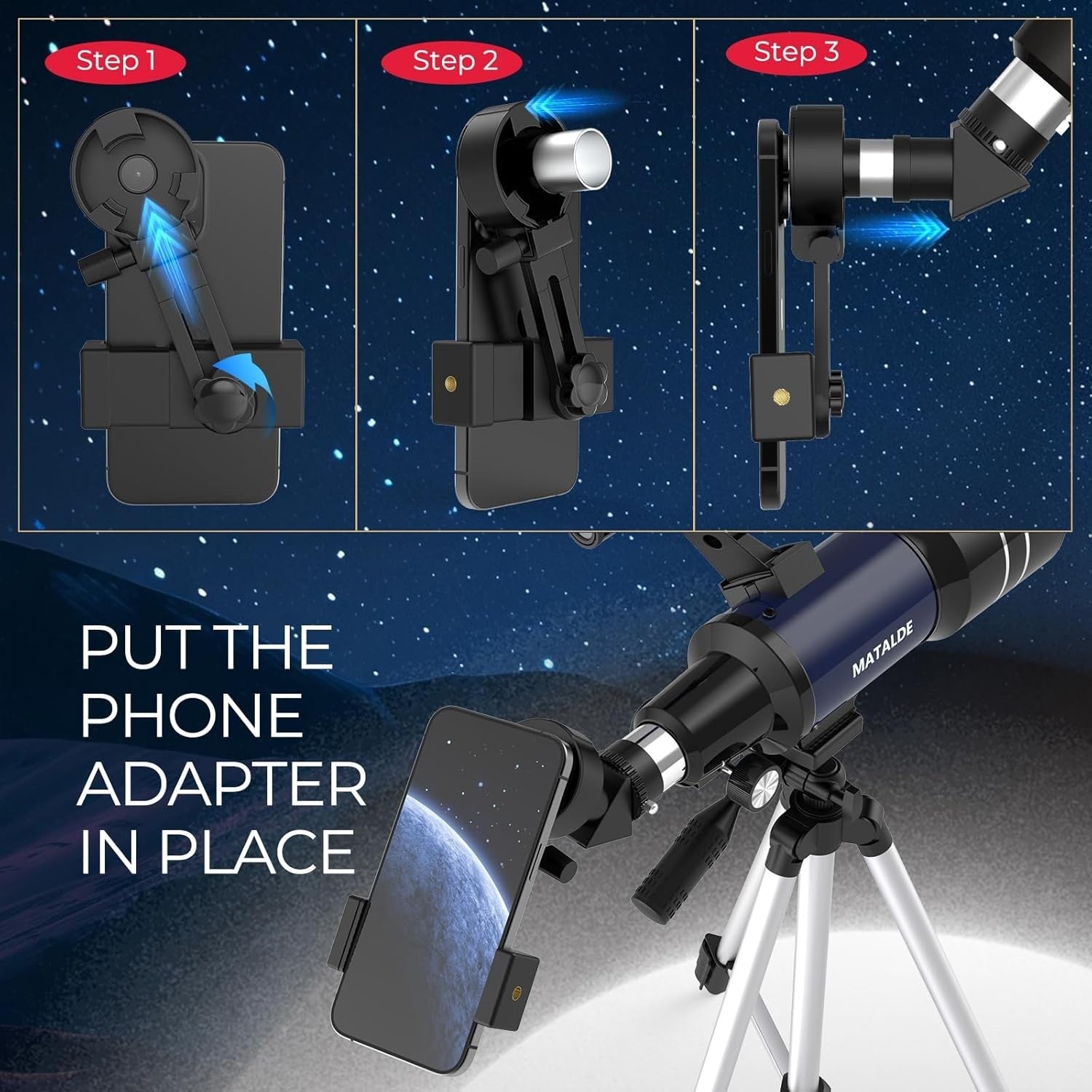 Beginner Telescope 70mm Refractor Astronomy Kit 15X-150X Dark Blue Tripod