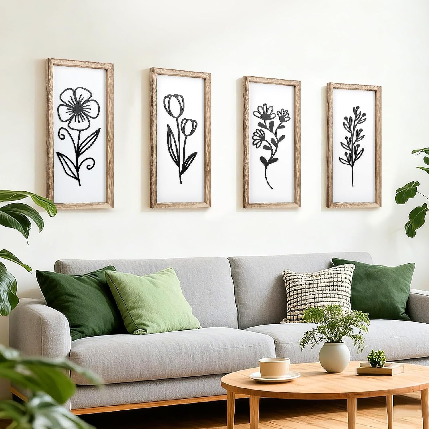 Large 3D Wooden Floral Wall Art Set of 4 Boho Frame Decor for Living Room