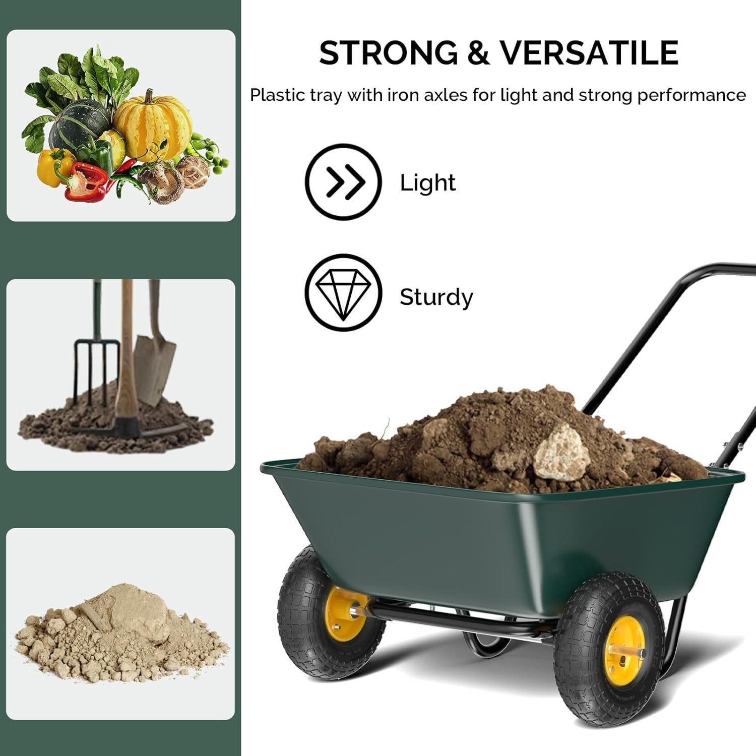 85L 2-Wheel Garden Wheelbarrow & Green Poly Cart w/ U Handle for 136kg Load