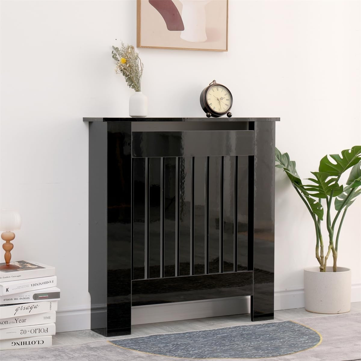 High Gloss Black Radiator Cover Small Modern Slatted Heating Cabinet 78cm