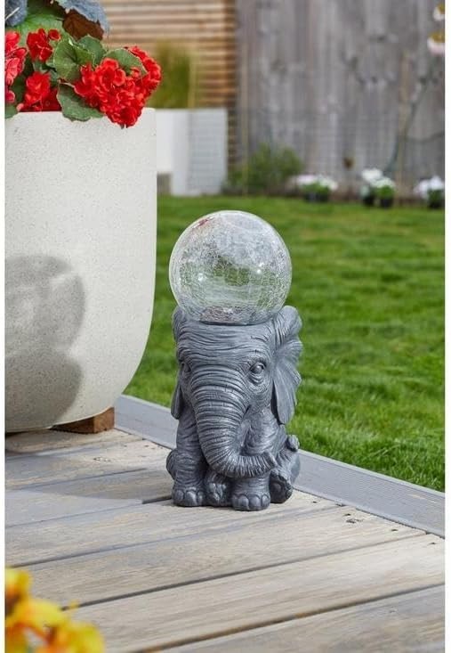 Solar Elephant Garden Ornament 37cm Crackle Ball LED Light Waterproof Outdoor