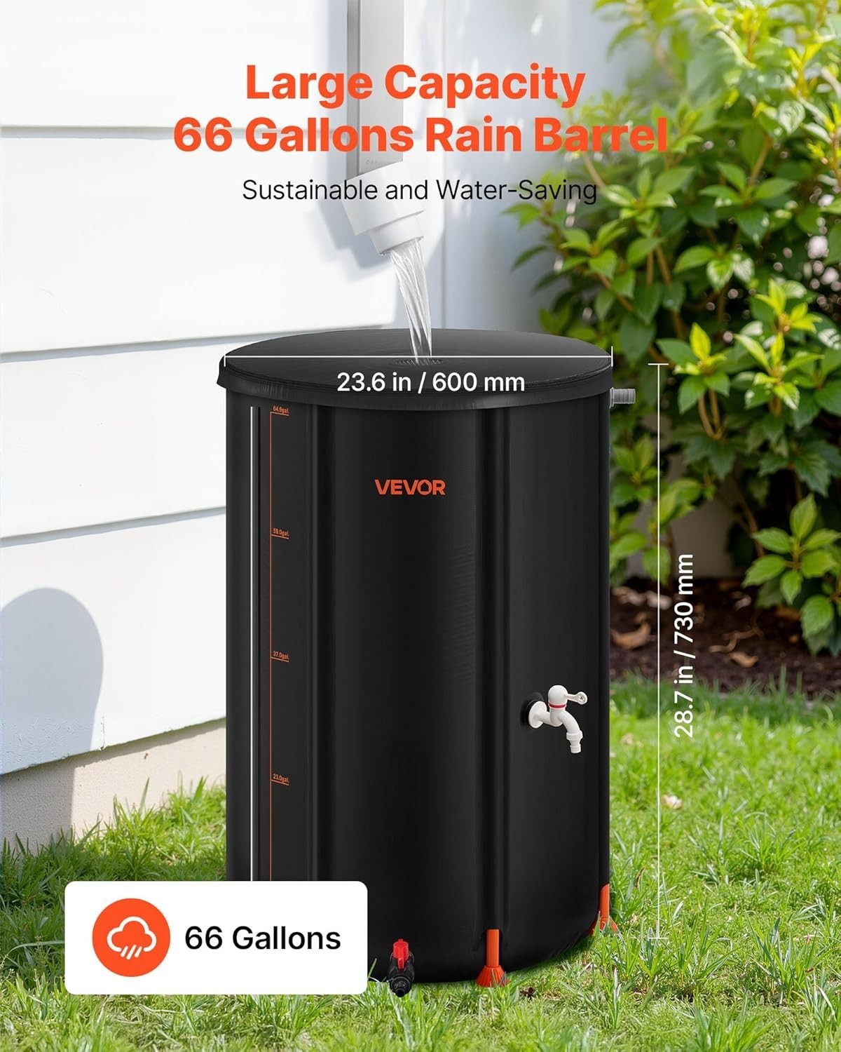 250L Collapsible Rain Barrel with Spigot Overflow Kit, Portable Water Collector