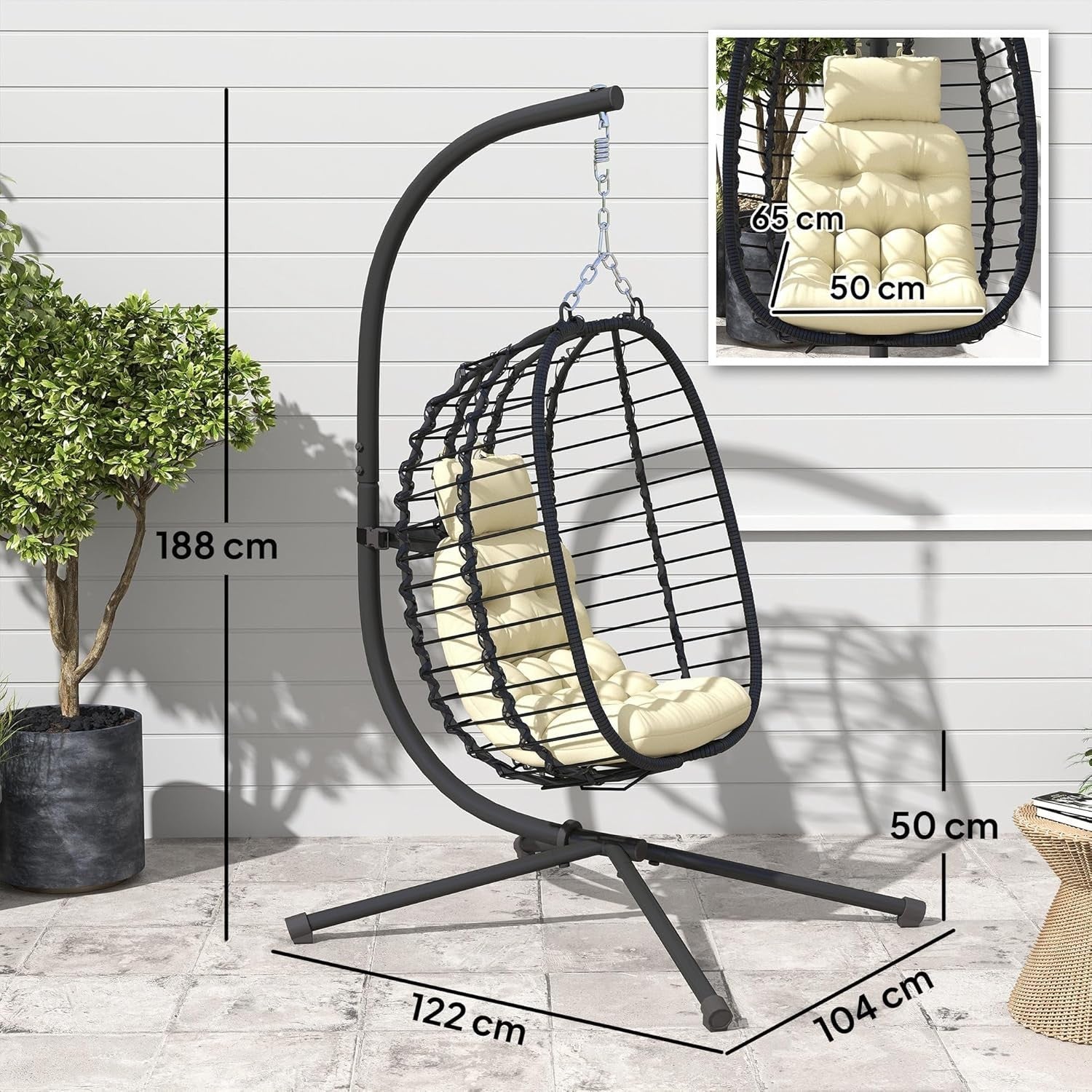Hanging Egg Chair with Stand Cushioned Foldable Garden Swing Seat