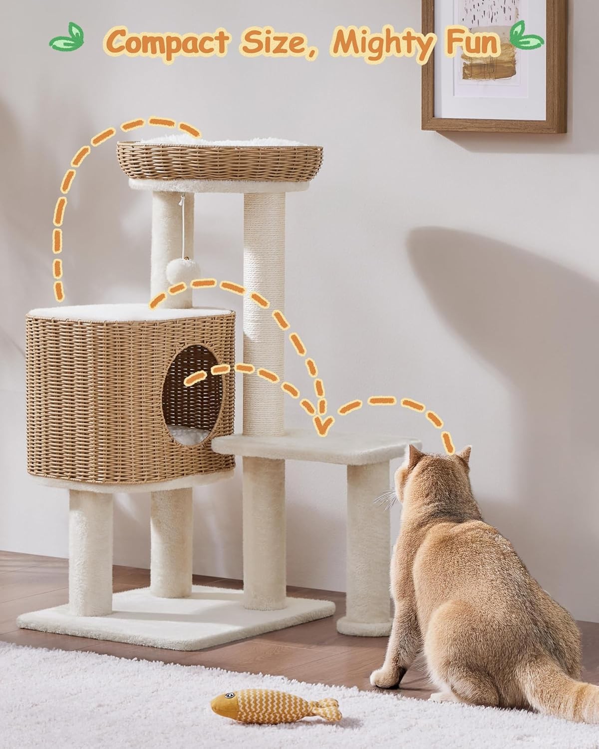 91cm Rattan Cat Tree Tower Wicker Bed Scratching Post Washable Cushion