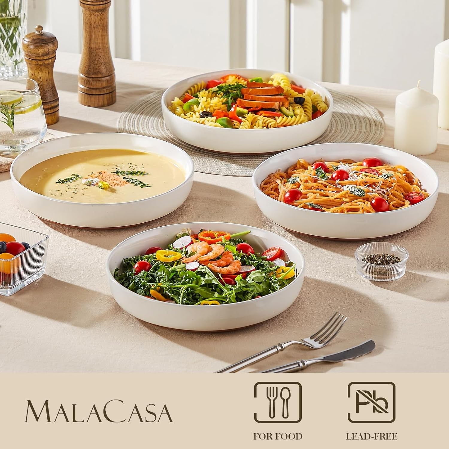 Large Pasta Bowls Set of 4 Ceramic Soup Bowls 9in 48oz Microwave Safe