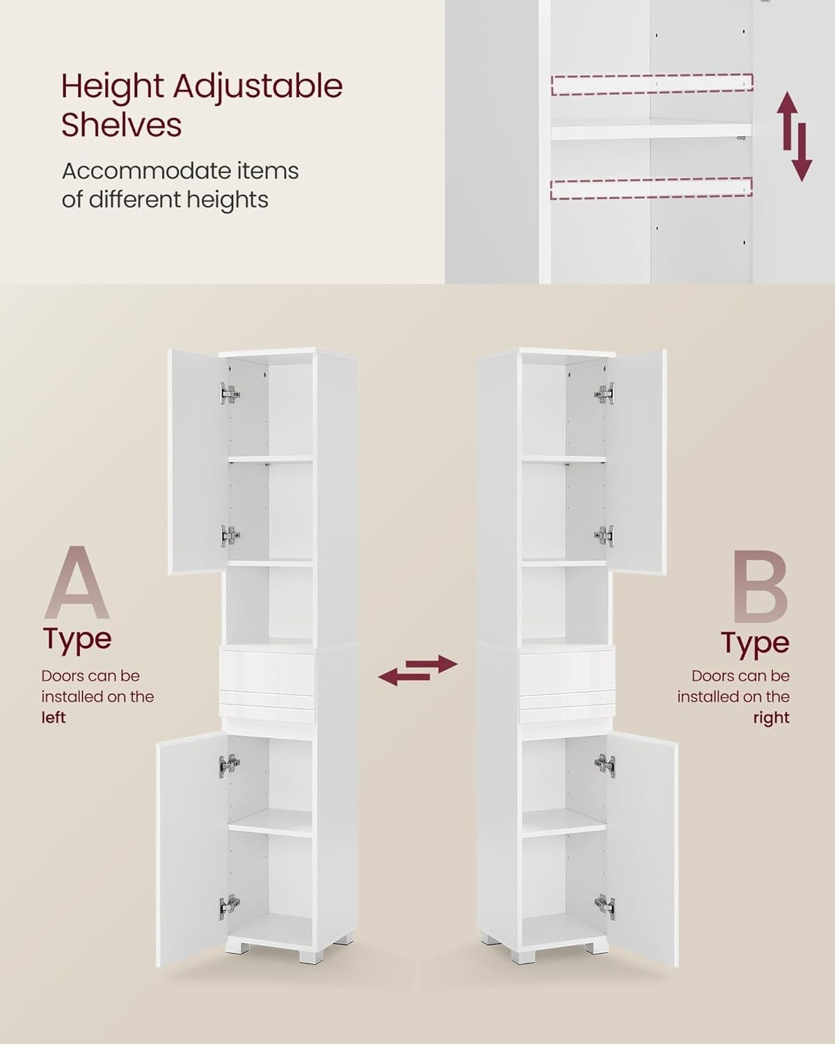 Slim Tall Bathroom Cabinet with Drawer, Adjustable Shelves & Lock, 170cm