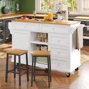Kitchen Island on Wheels with Drawers & Adjustable Shelf, White 134cm