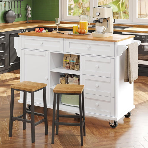 Kitchen Island on Wheels with Drawers & Adjustable Shelf, White 134cm