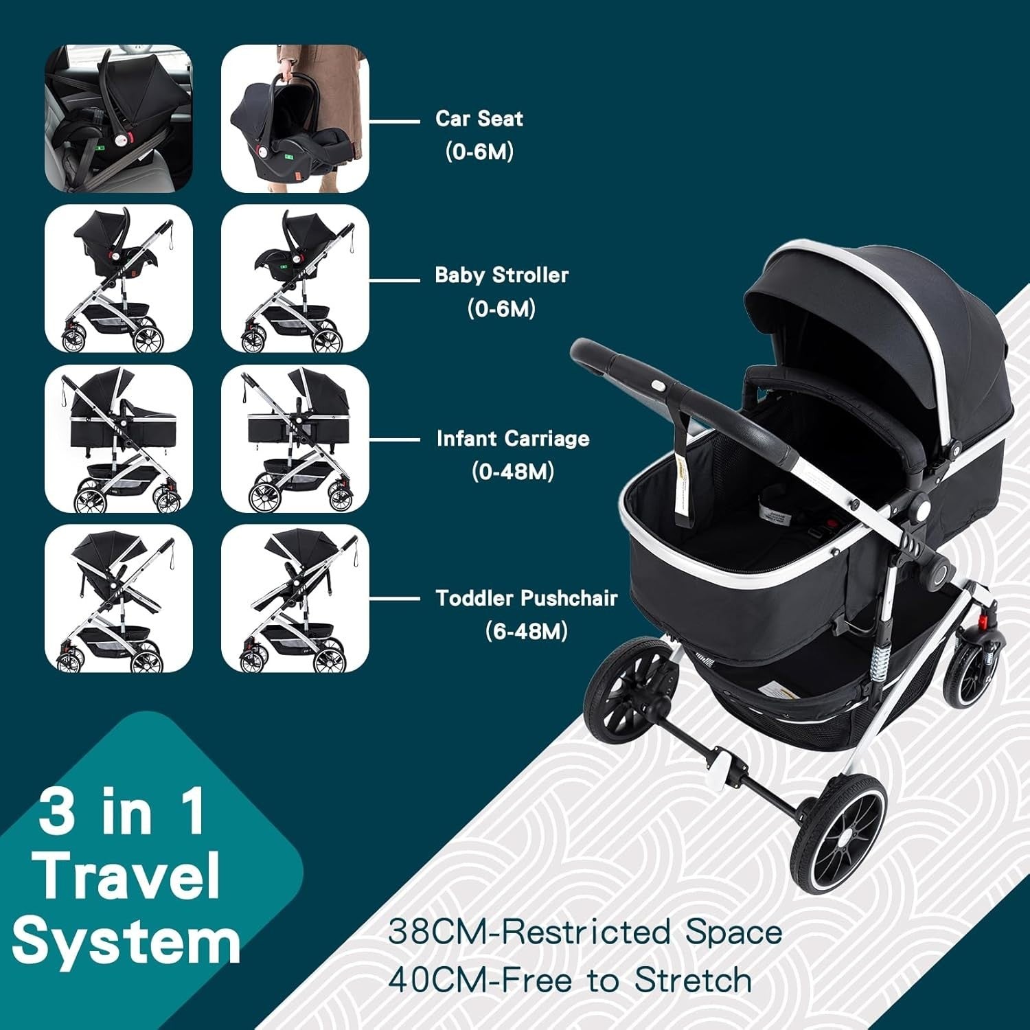 3-in-1 Baby Stroller Travel System Pram Car Seat Foldable Light Gray