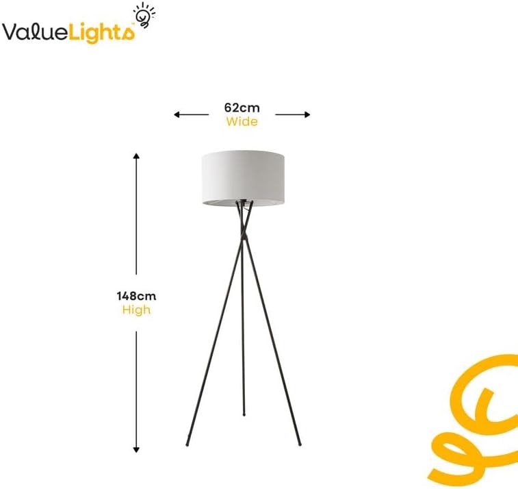 Tripod Floor Lamp Black Metal Stand Dark Grey Fabric Shade LED Bulb