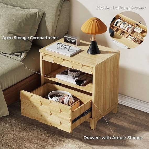 Modern Bedside Table with Hidden Locking Drawer, 3D Fluted Design, Natural Night