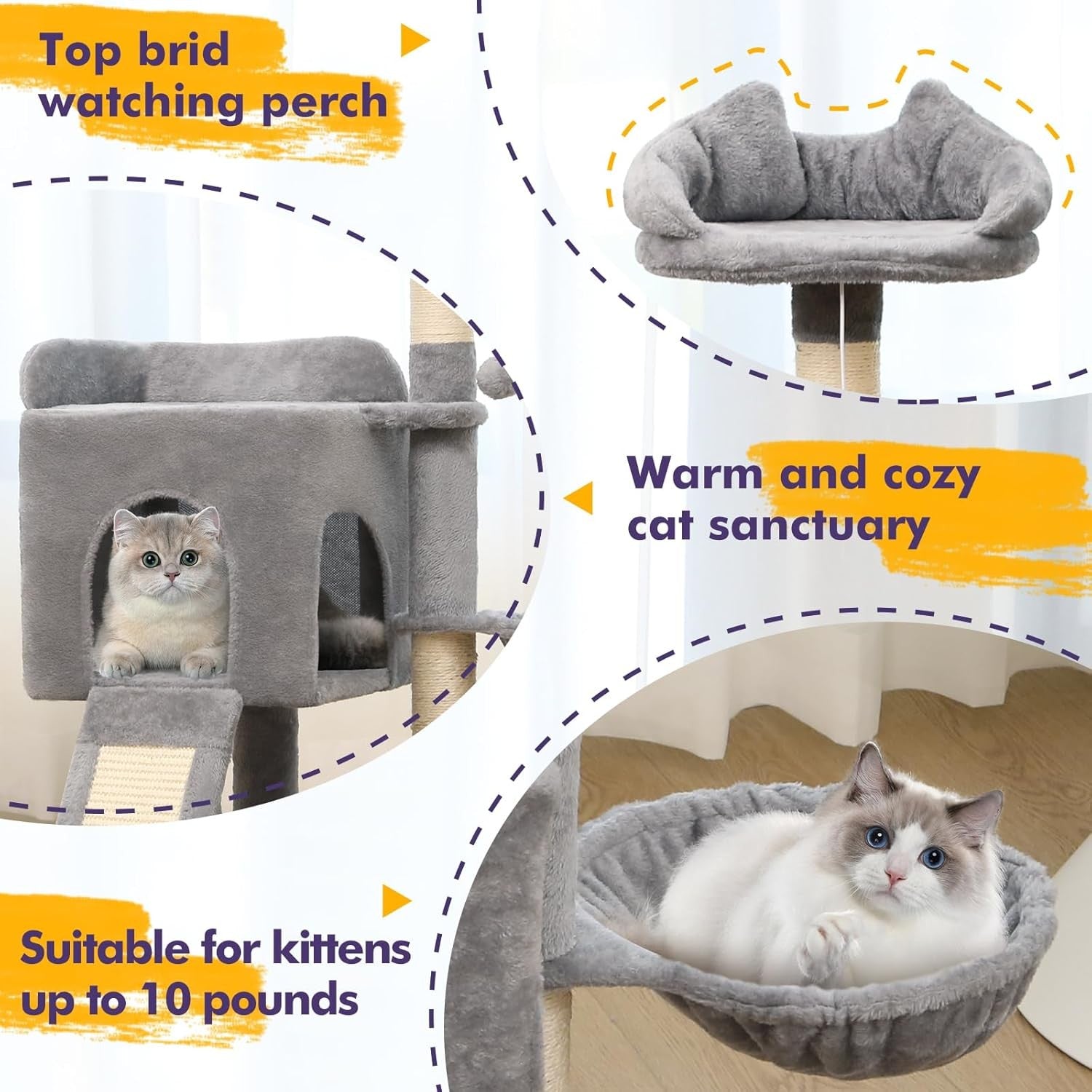 Cat Scratching Post Tower with Condo Hammock Sisal Posts Multi Level