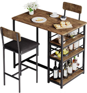 3 Piece Bar Table Set 2 PU Leather Stools Storage Shelf High Dining Rustic Brown