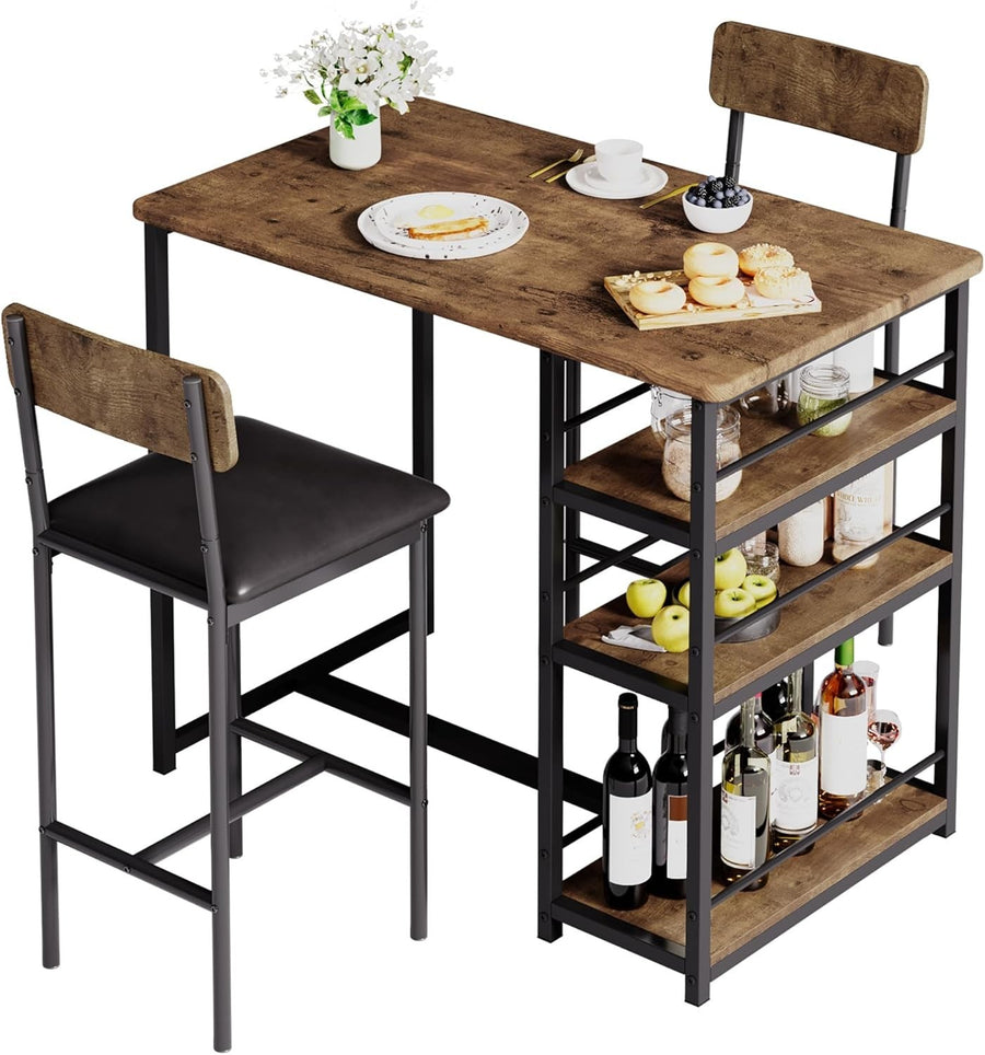 3 Piece Bar Table Set 2 PU Leather Stools Storage Shelf High Dining Rustic Brown