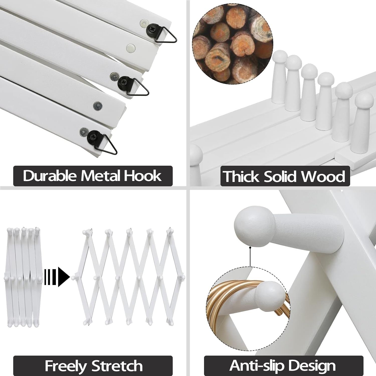 Expandable Wooden Wall Hat Rack White 16 Hooks Accordion Coat Hanger Organizer