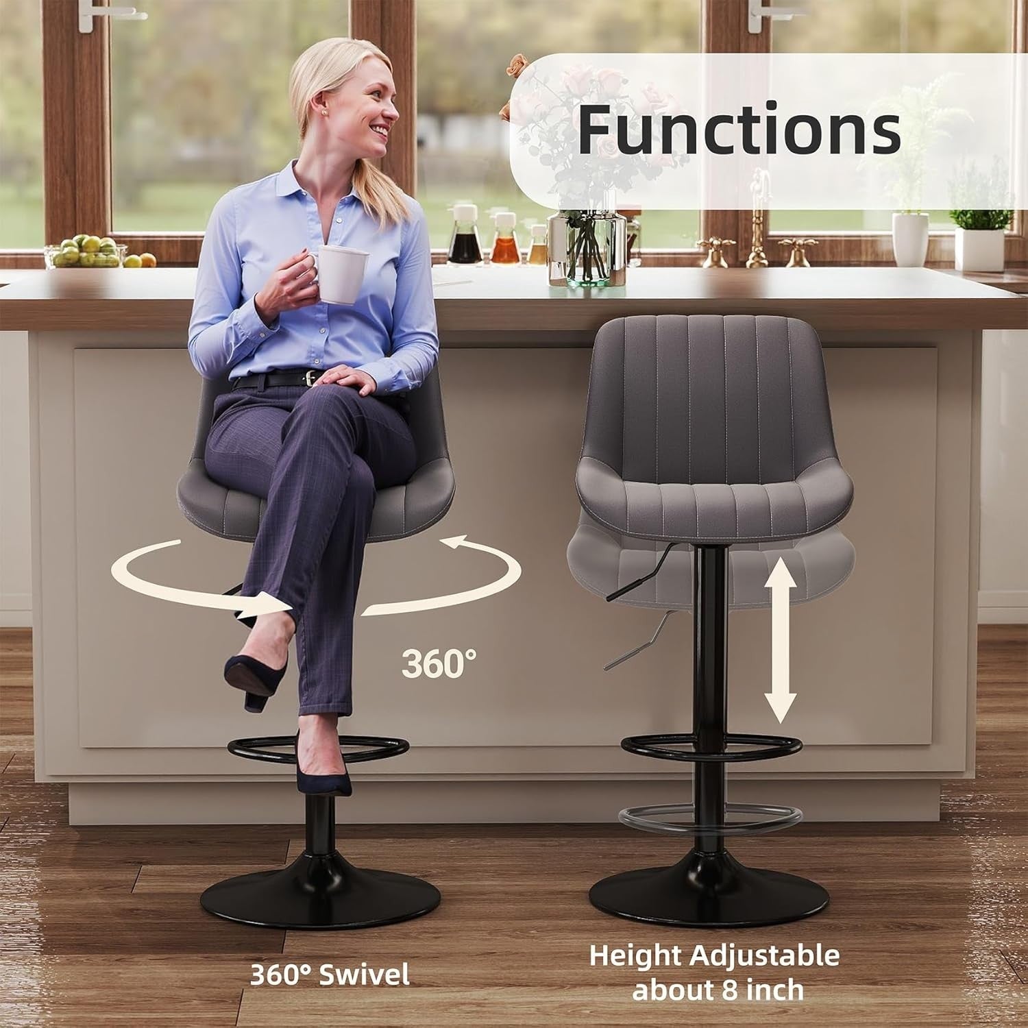 Dark Grey Adjustable Swivel Bar Stool PU Leather Modern Counter Chair