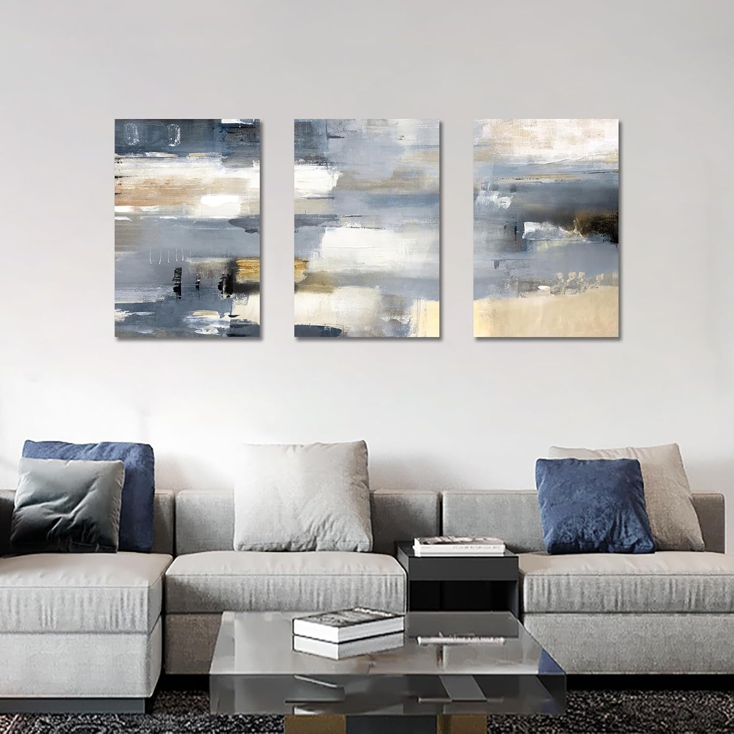 3 Panels Grey Beige White Abstract Canvas Wall Art Set 40x60cm