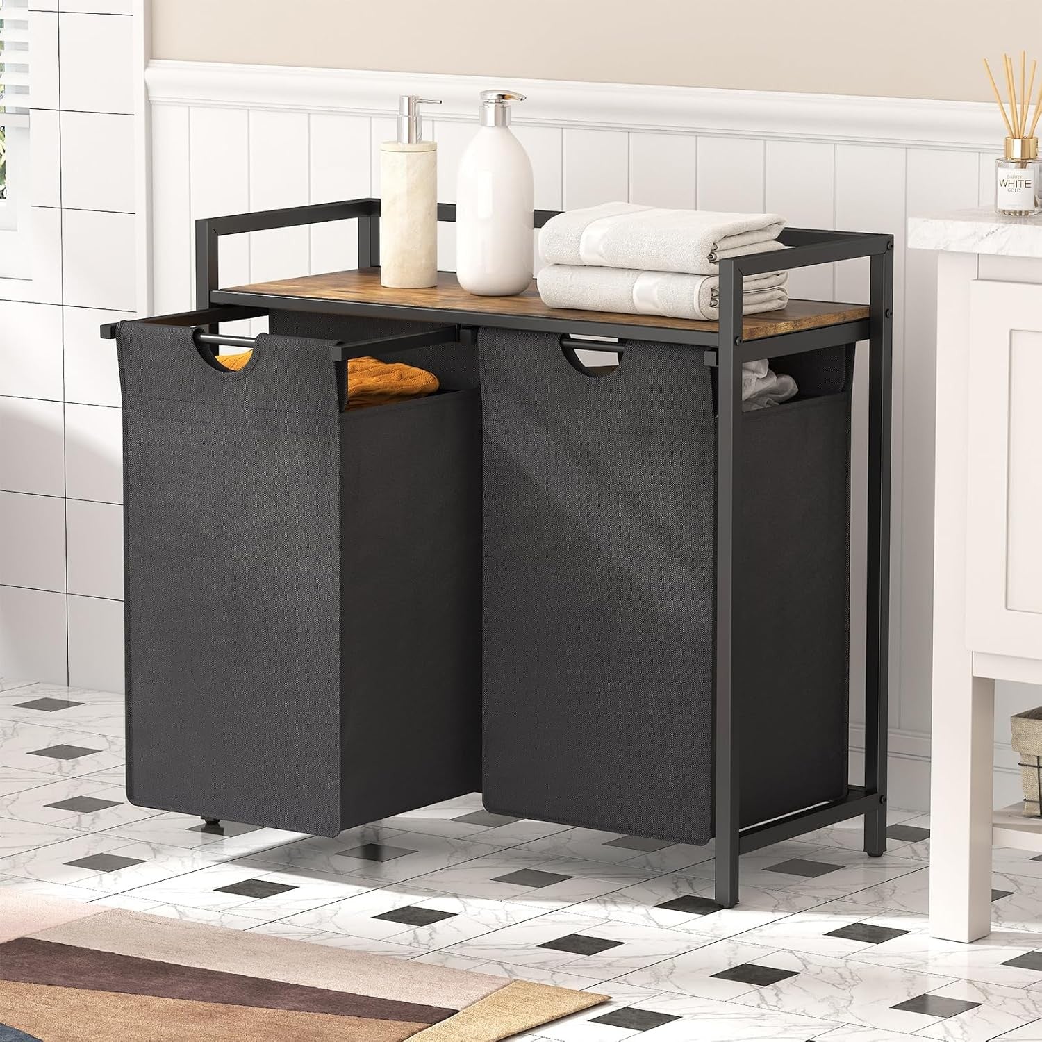 95L Double Laundry Hamper Black with Shelf & Pull-Out Bags | Modern Laundry Sort