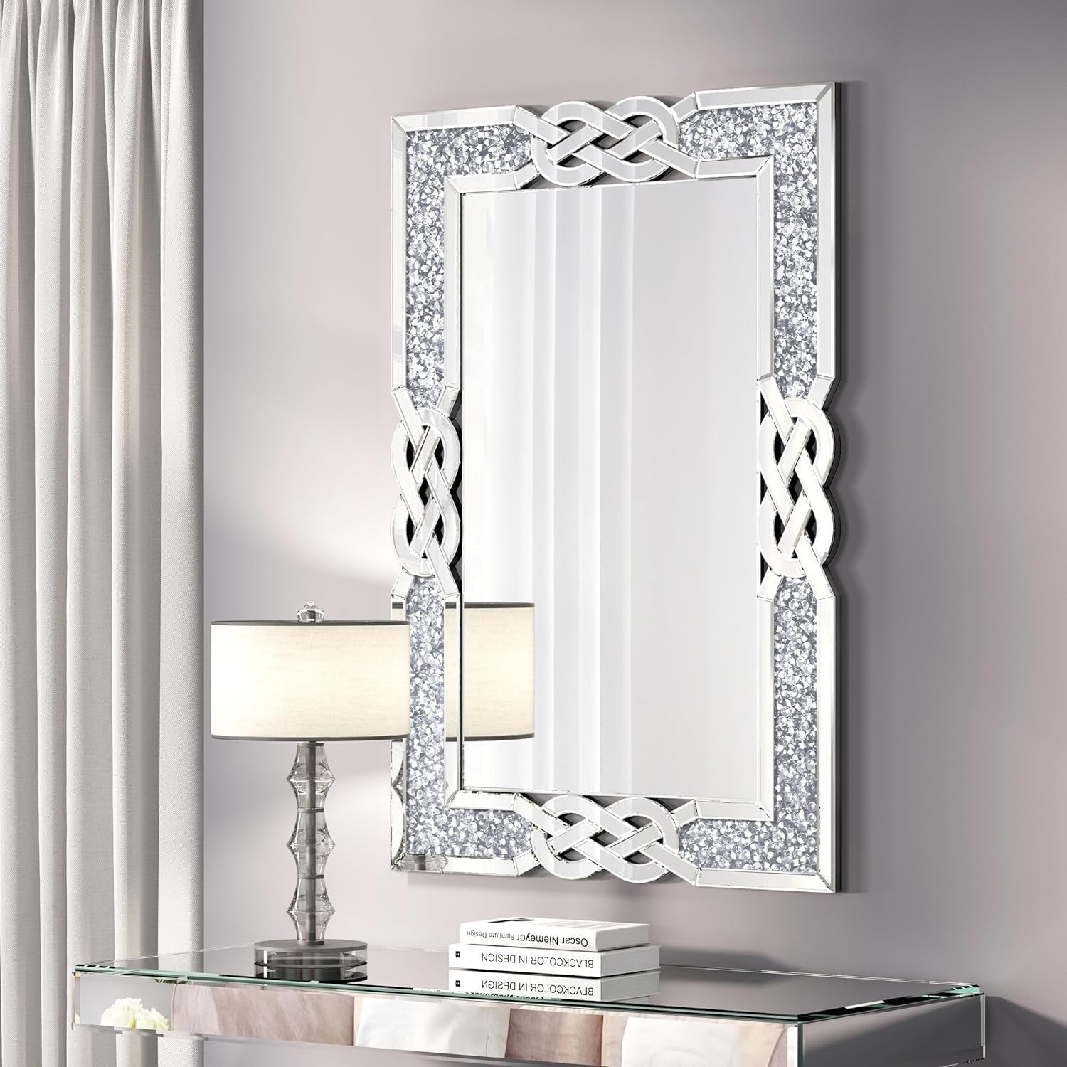 Large 120x80cm Silver Crushed Diamond Wall Mirror with Art Deco Frame