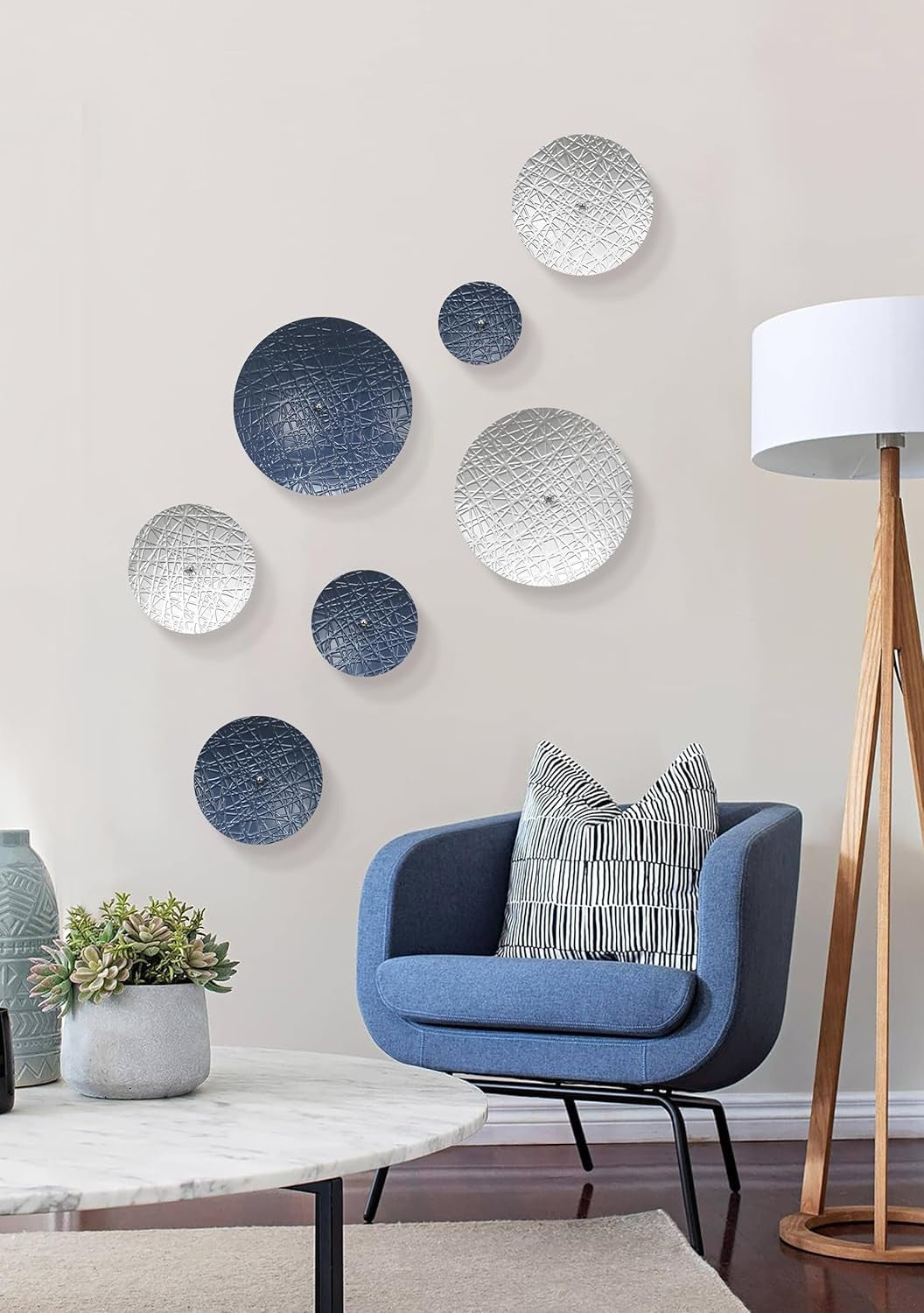 Silver Blue Metal Wall Art 7PCS Modern Home Decor Set