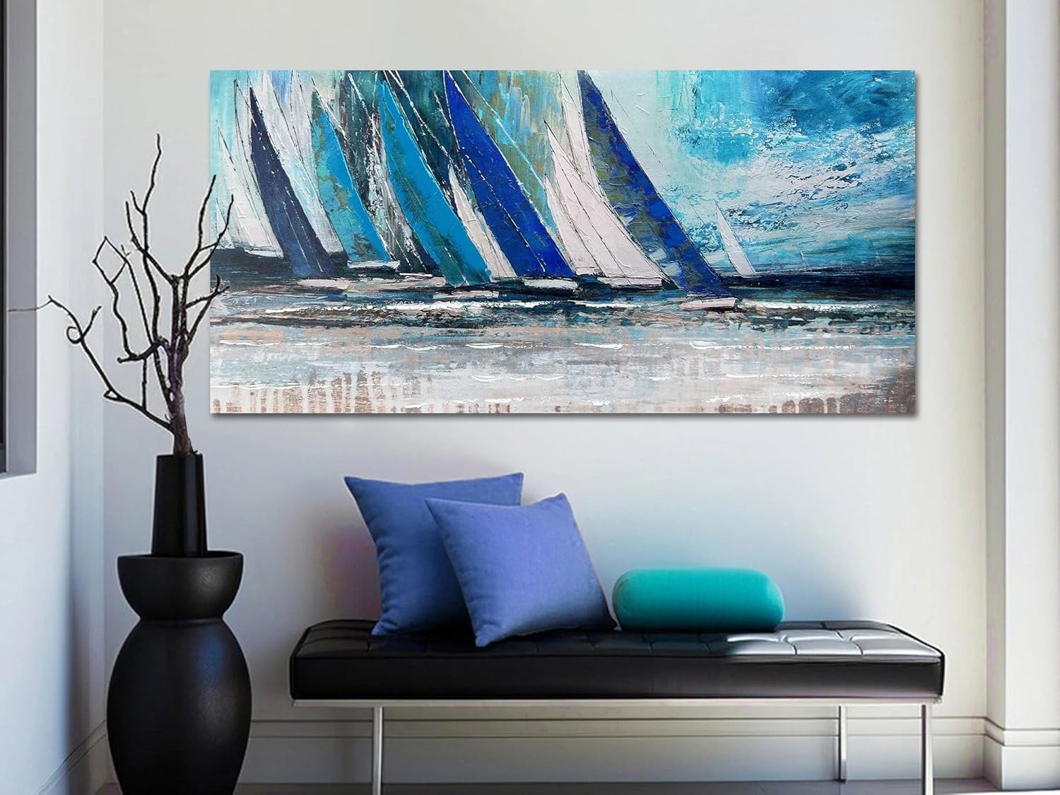 40×20″ Teal Ocean Sailboat Canvas Wall Art – Modern Nautical Decor