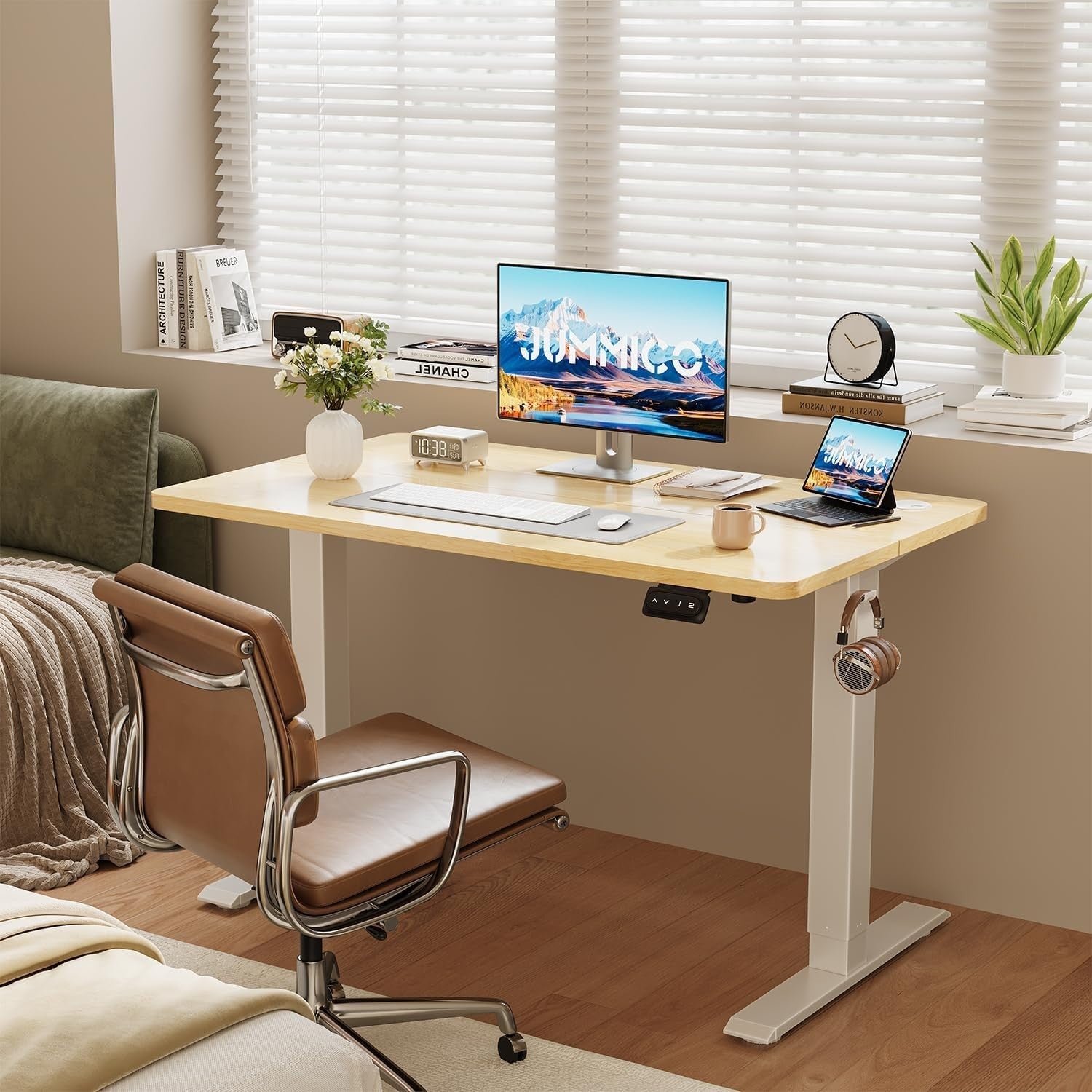 Electric Standing Desk 100x60cm Adjustable Sit Stand Beige Table with Memory