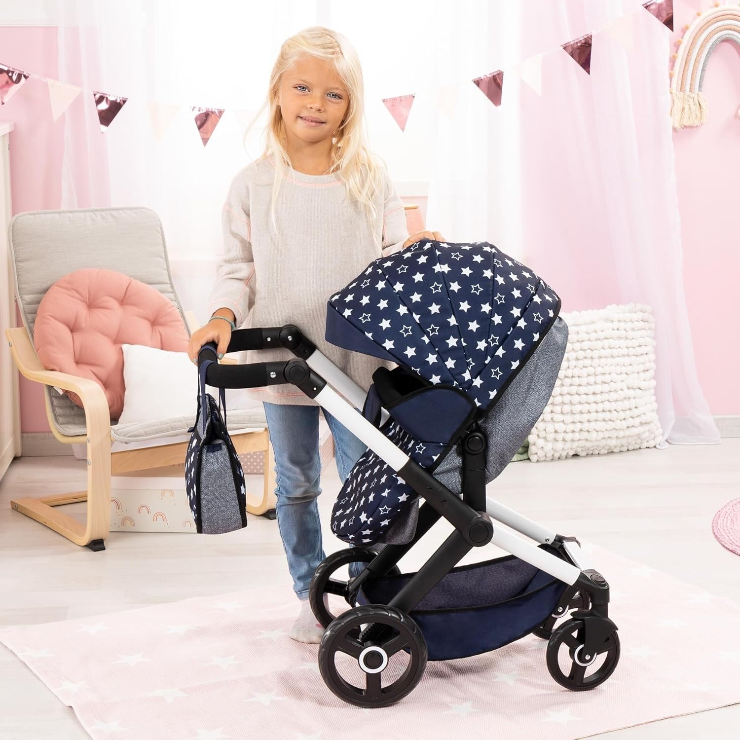 Tall Dolls Pram 3in1 Pushchair Carrycot Buggy Adjustable Handle Toy Set