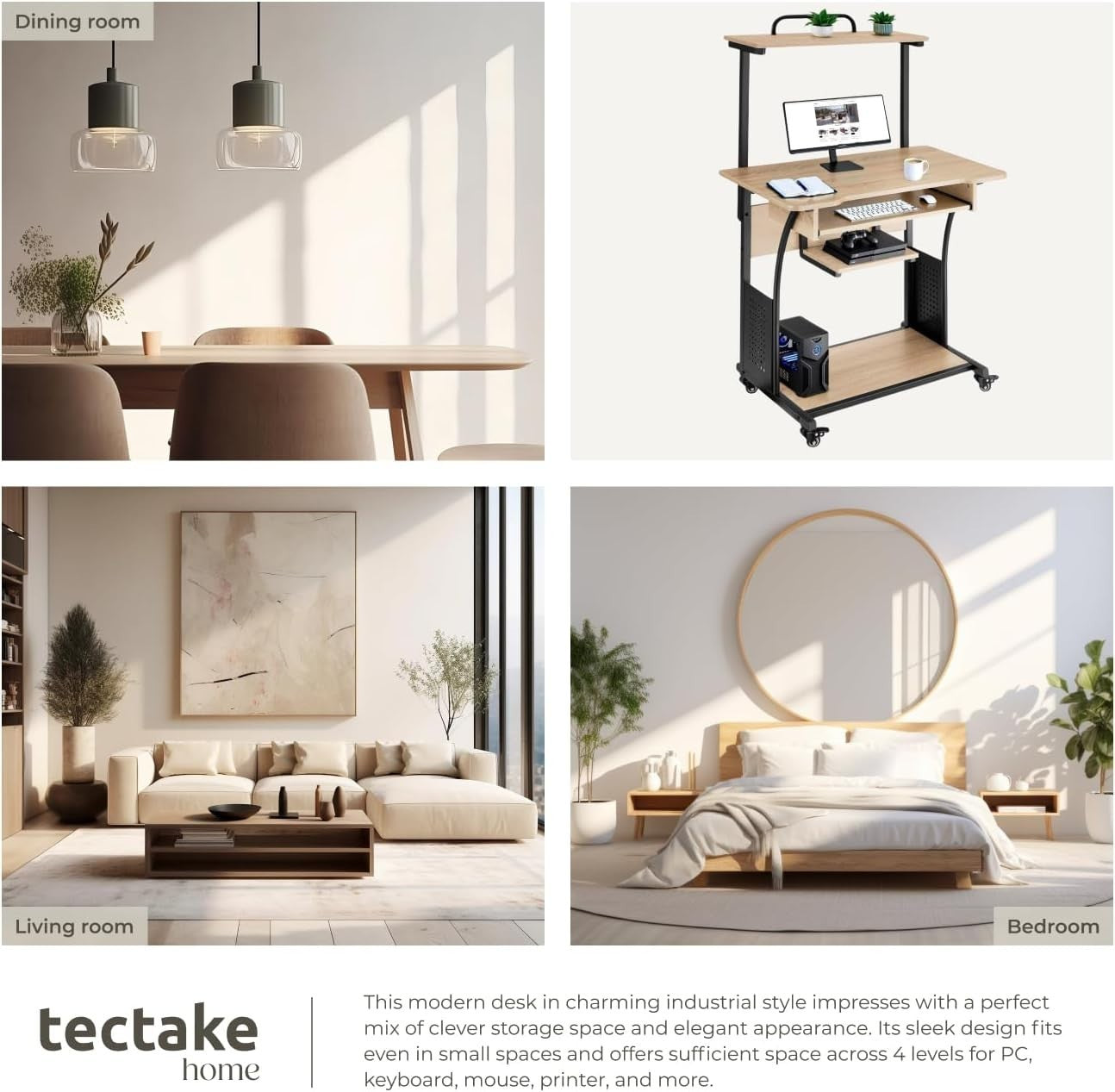 Mobile Computer Desk Light Wood 80cm with Shelves & Keyboard Tray on Wheels